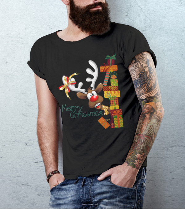 Merry Christmas Reindeer Peeking With Stacked Gifts T-Shirt