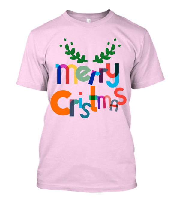 Merry Christmas Colorful Letters With Green Antlers Holiday T-Shirt