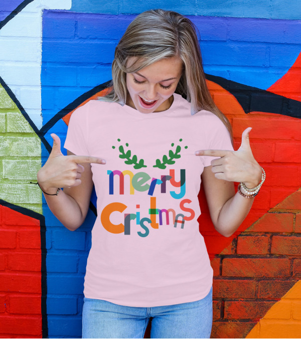 Merry Christmas Colorful Letters With Green Antlers Holiday T-Shirt