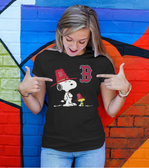 Boston Red Sox Snoopy Woodstock Wearing Team Hats T-Shirt