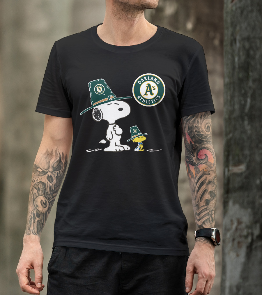 Oakland Athletics Snoopy And Woodstock Wearing Team Hats T-Shirt