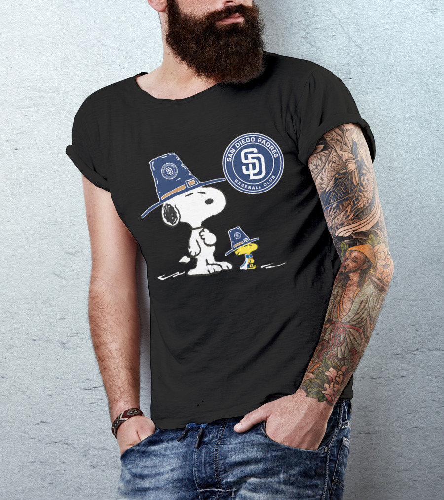San Diego Padres Snoopy Woodstock Baseball Club Pilgrim Hat T-Shirt