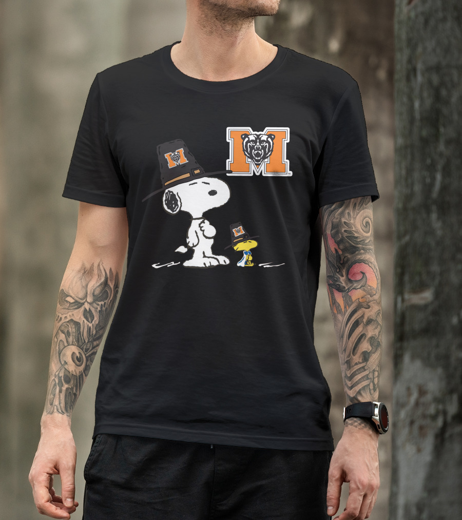 Mercer Bears Snoopy Pilgrim Hat Peanuts Thanksgiving T-Shirt