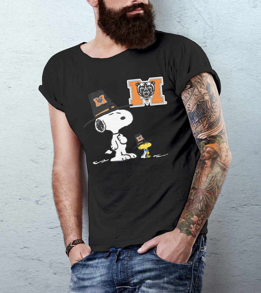 Mercer Bears Snoopy Pilgrim Hat Peanuts Thanksgiving T-Shirt