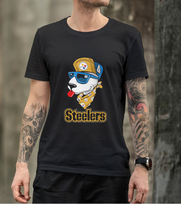 Steelers Bull Terrier Wearing Cap And Sunglasses With Logo Bandana T-Shirt