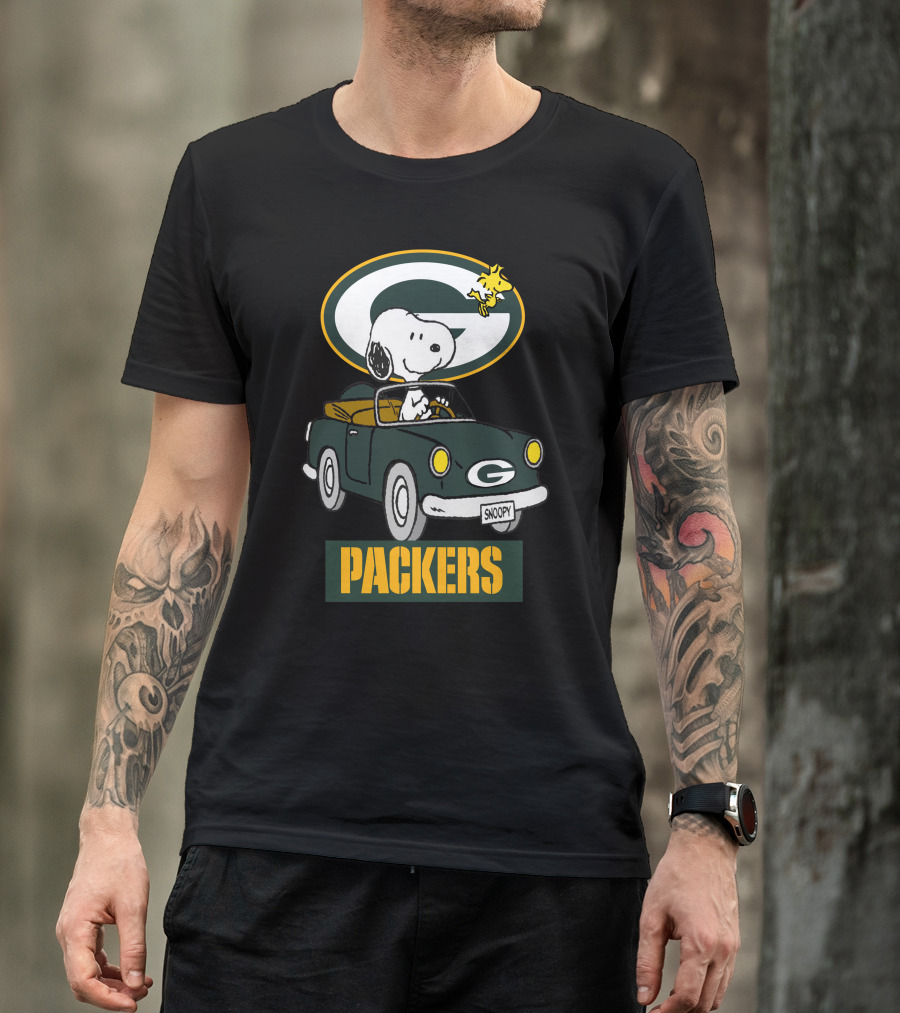 Packers Snoopy Driving Car With Woodstock And Packers T-Shirt