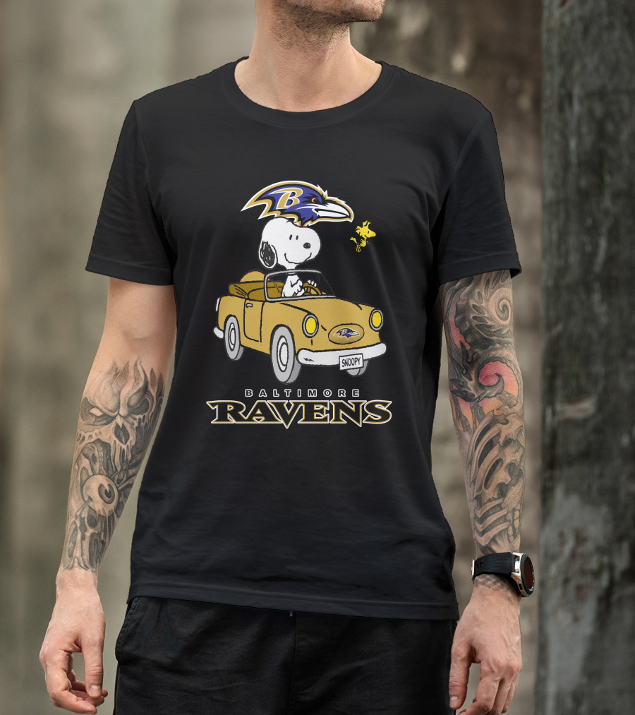 Baltimore Ravens Snoopy Driving Car With Woodstock T-Shirt