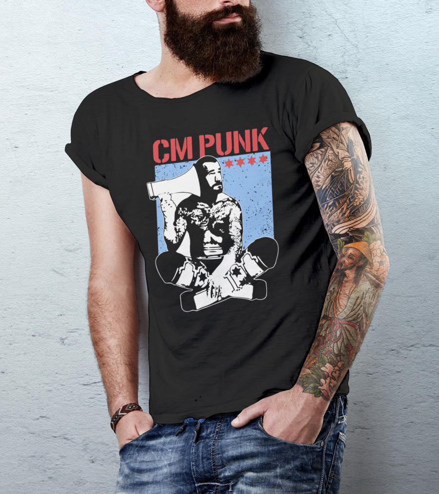 CM Punk AEW All Elite Wrestling Megaphone Graphic With Red Stars T-Shirt