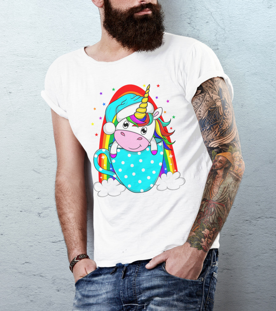 Christmas Unicorn In Cup Rainbow Santa Hat Stars T-Shirt