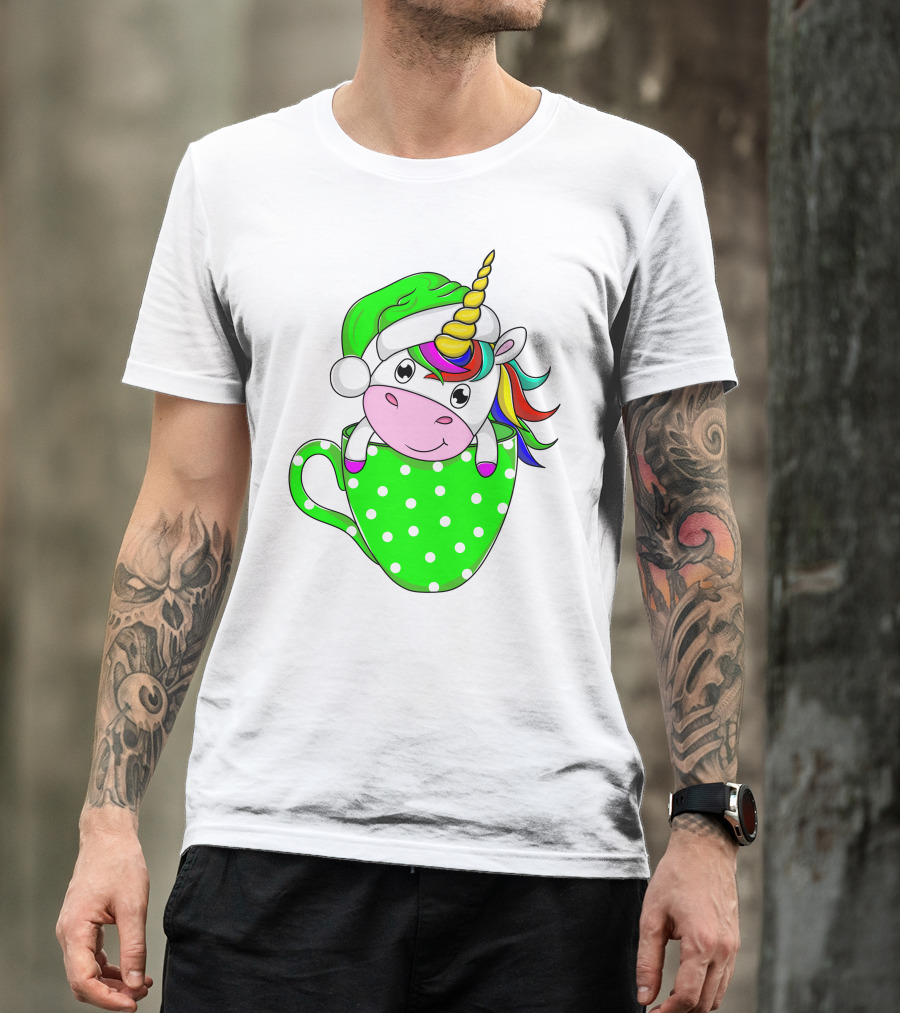 Funny Christmas Unicorn In Santa Hat With Green Polka Dot Cup T-Shirt