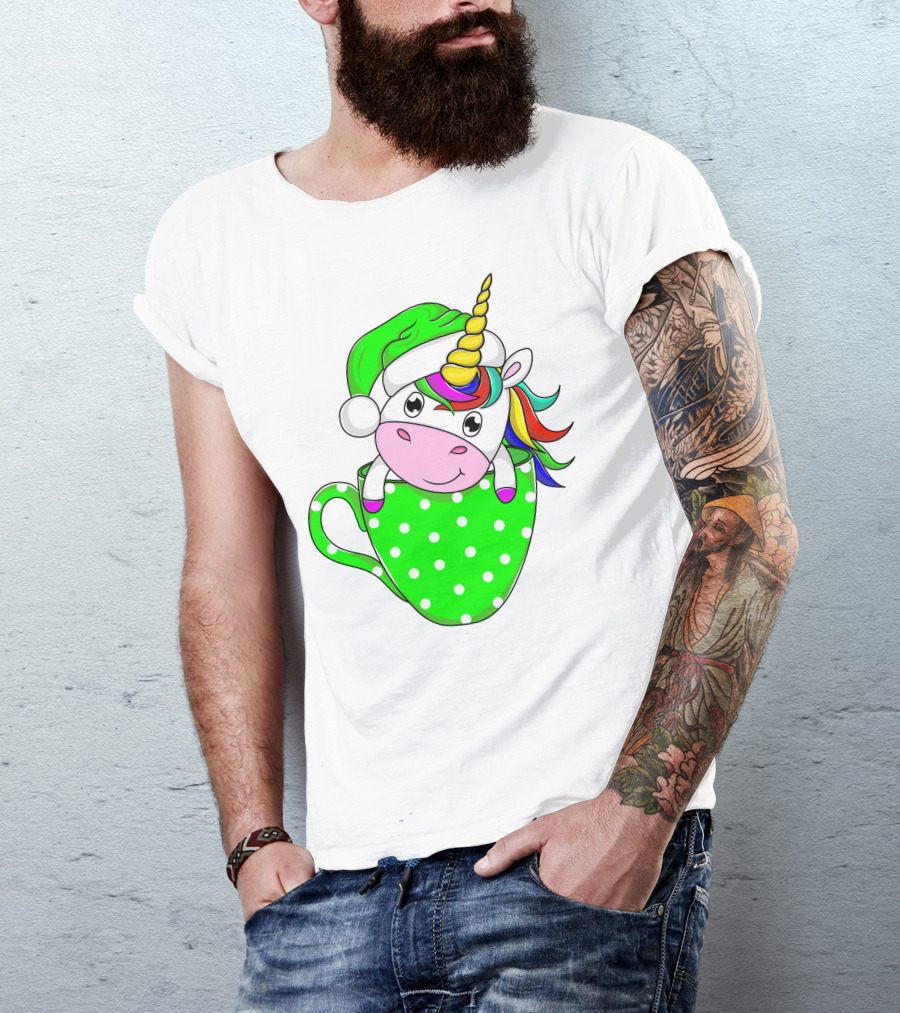 Funny Christmas Unicorn In Santa Hat With Green Polka Dot Cup T-Shirt