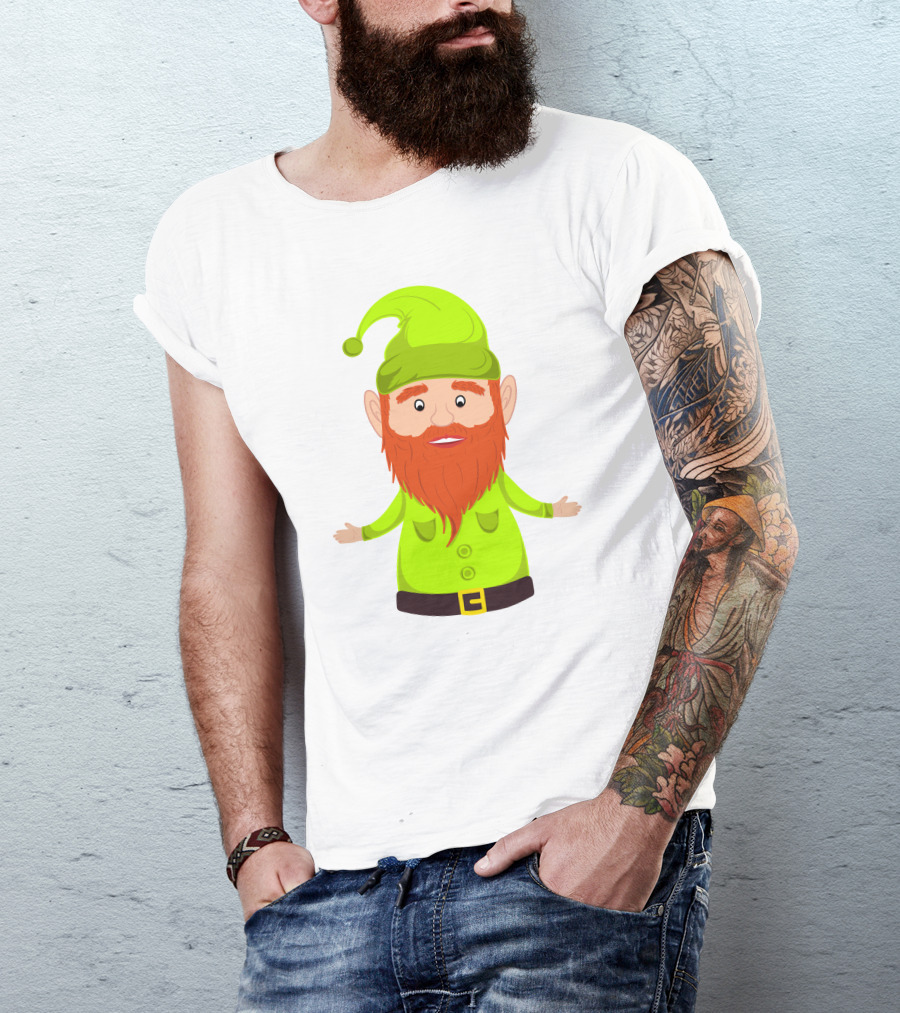 Gnome ELF Christmas Bright Green Hat Brown Belt Red Beard T-Shirt