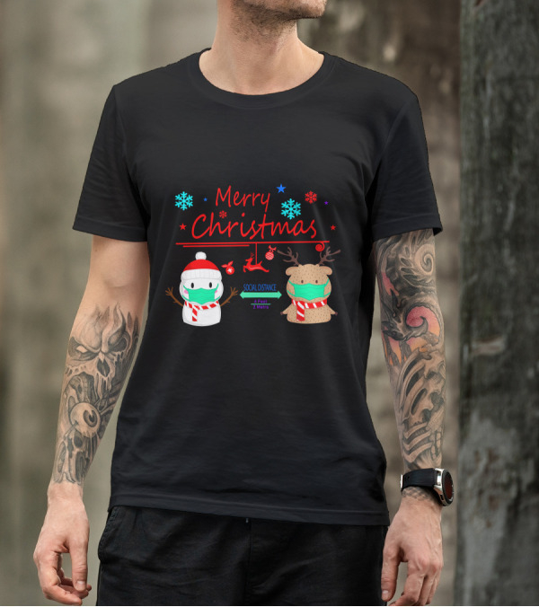 Merry Christmas Social Distance Snowman And Reindeer With Masks T-Shirt