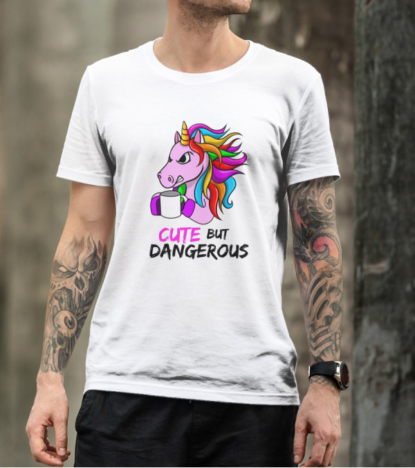 Cute But Dangerous Pink Unicorn With Rainbow Mane And Coffee Mug T-Shirt