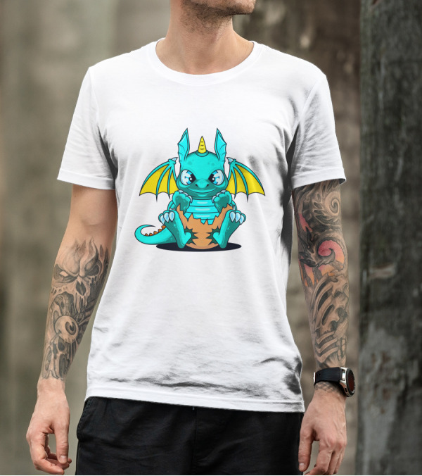 Cool Baby Dragon With Horns Sitting On Eggshell T-Shirt