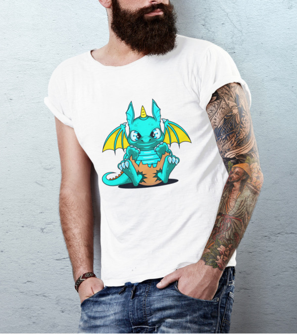 Cool Baby Dragon With Horns Sitting On Eggshell T-Shirt