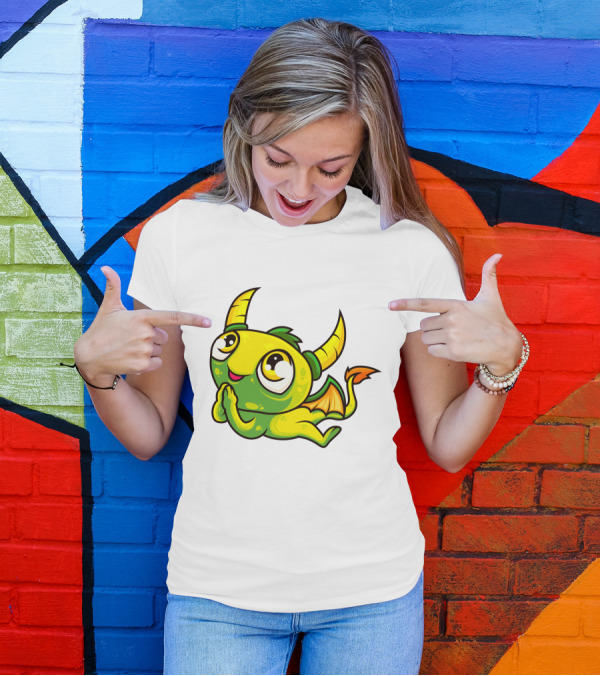 Cute Dragon Wishing Adorable Green And Yellow Horned Fantasy Character T-Shirt
