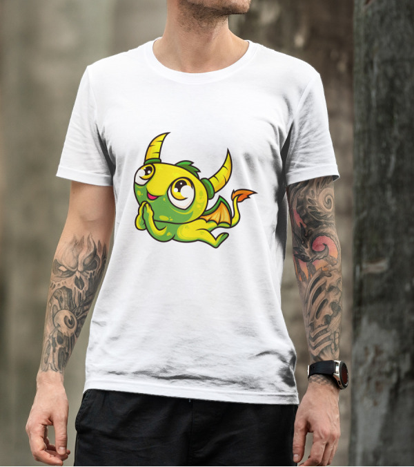 Cute Dragon Wishing Adorable Green And Yellow Horned Fantasy Character T-Shirt