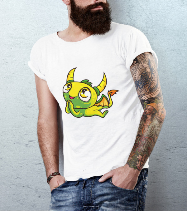 Cute Dragon Wishing Adorable Green And Yellow Horned Fantasy Character T-Shirt