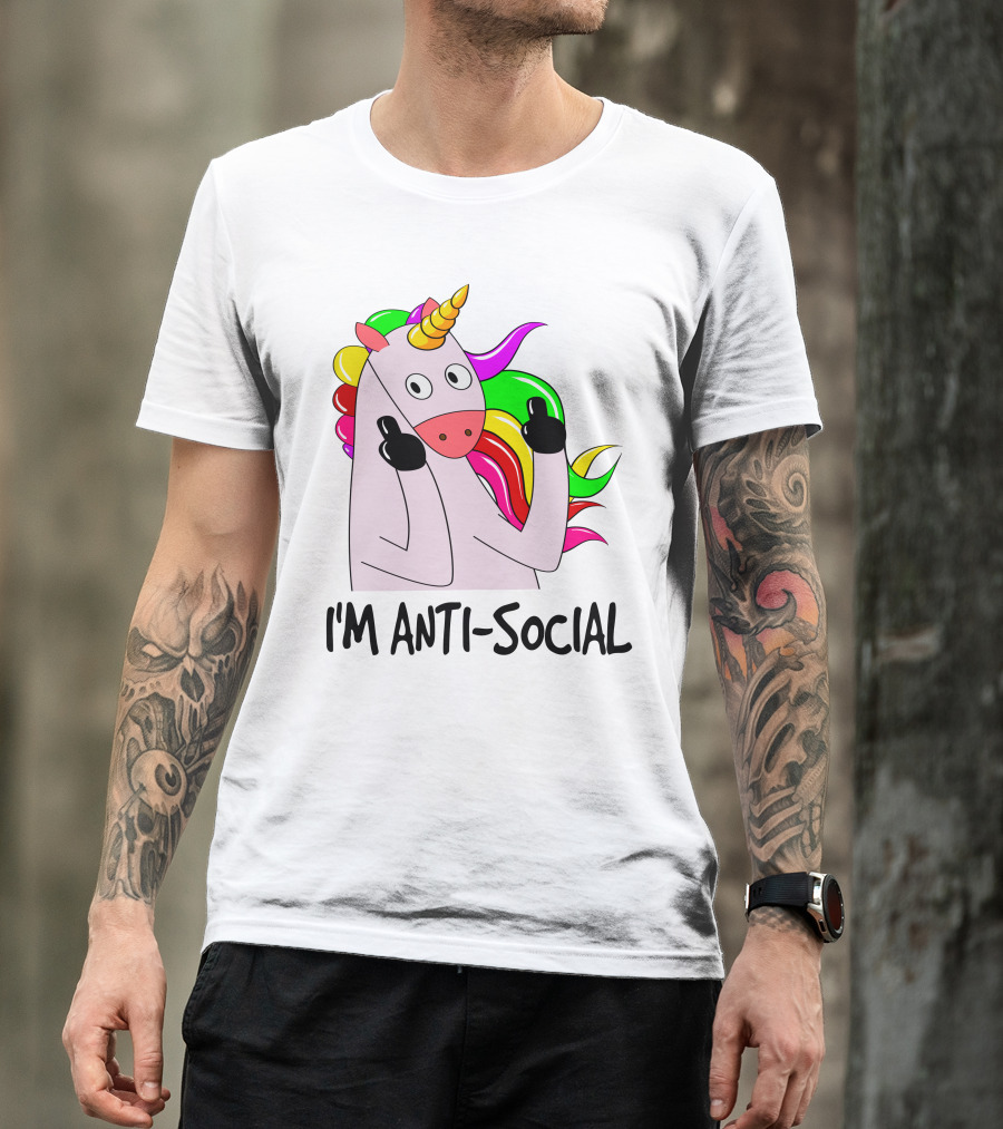 I'm Anti-Social Unicorn Colorful Rainbow Mane Black Gloves T-Shirt