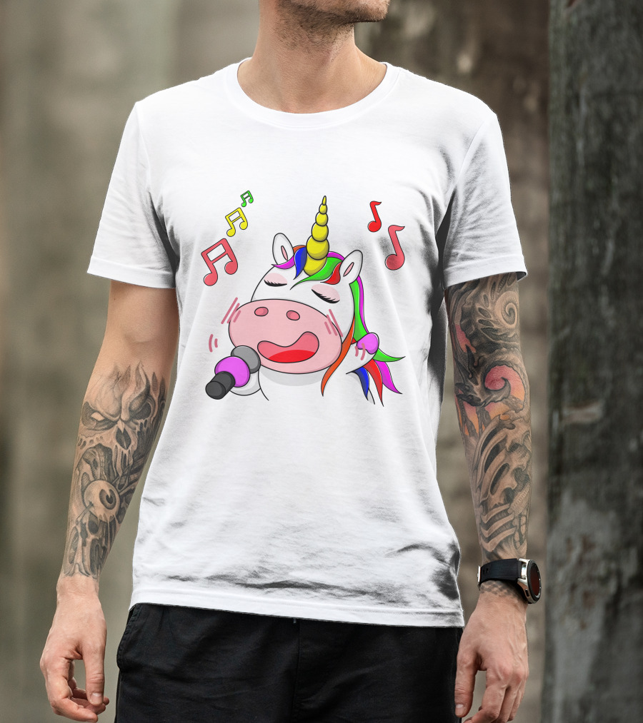 Unicorn Singing With Colorful Microphone And Musical Notes T-Shirt