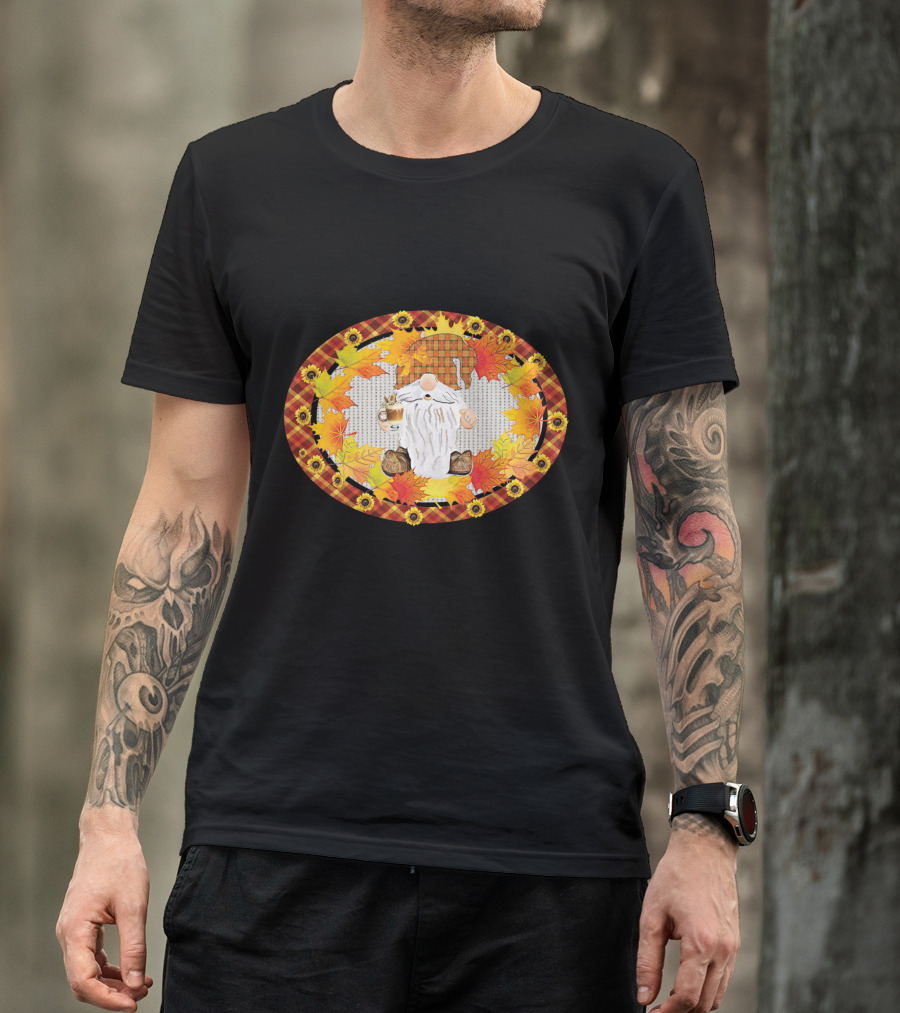 Fall Gnome With Coffee Mug Surrounded By Autumn Leaves And Sunflowers T-Shirt