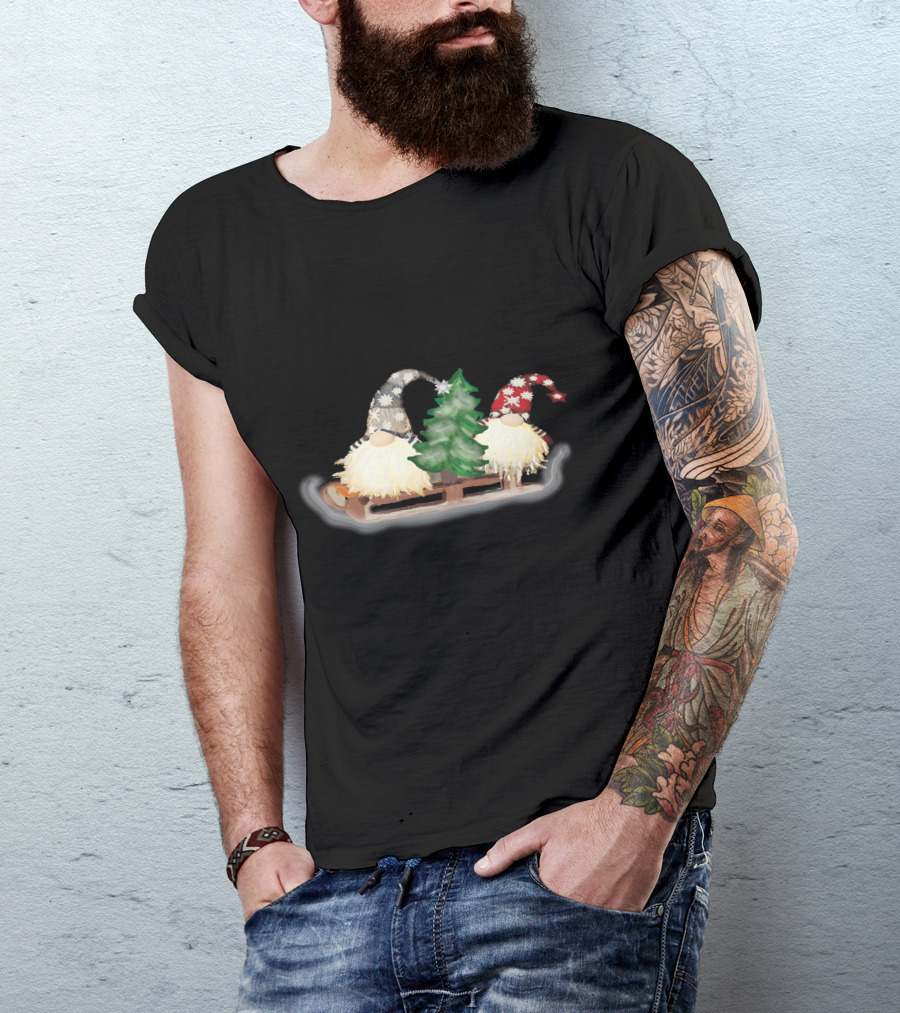 Gnomes On Sleigh With Christmas Tree And Snowflake Hats T-Shirt