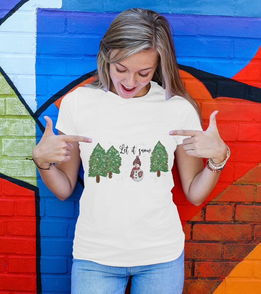 Let It Snow Watercolor Snowman And Pine Trees T-Shirt