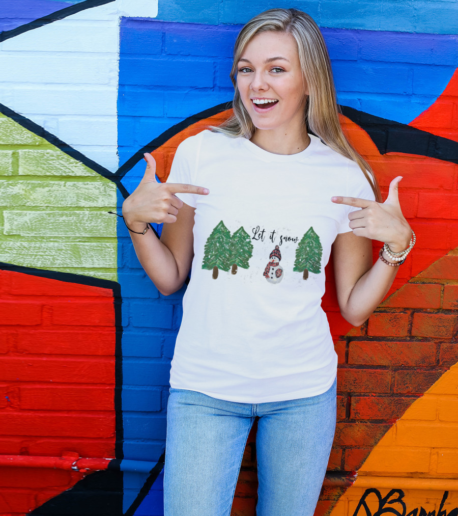 Let It Snow Watercolor Snowman And Pine Trees T-Shirt