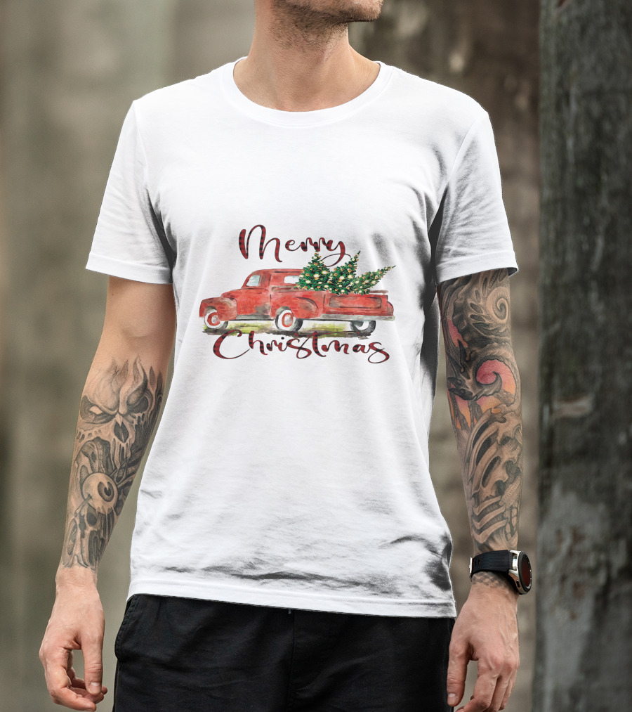 Merry Christmas Red Truck With Festive Tree T-Shirt