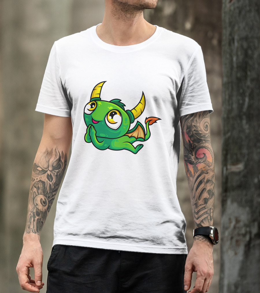 Cute Green Dragon Kawaii Cartoon Character With Horns And Wings T-Shirt