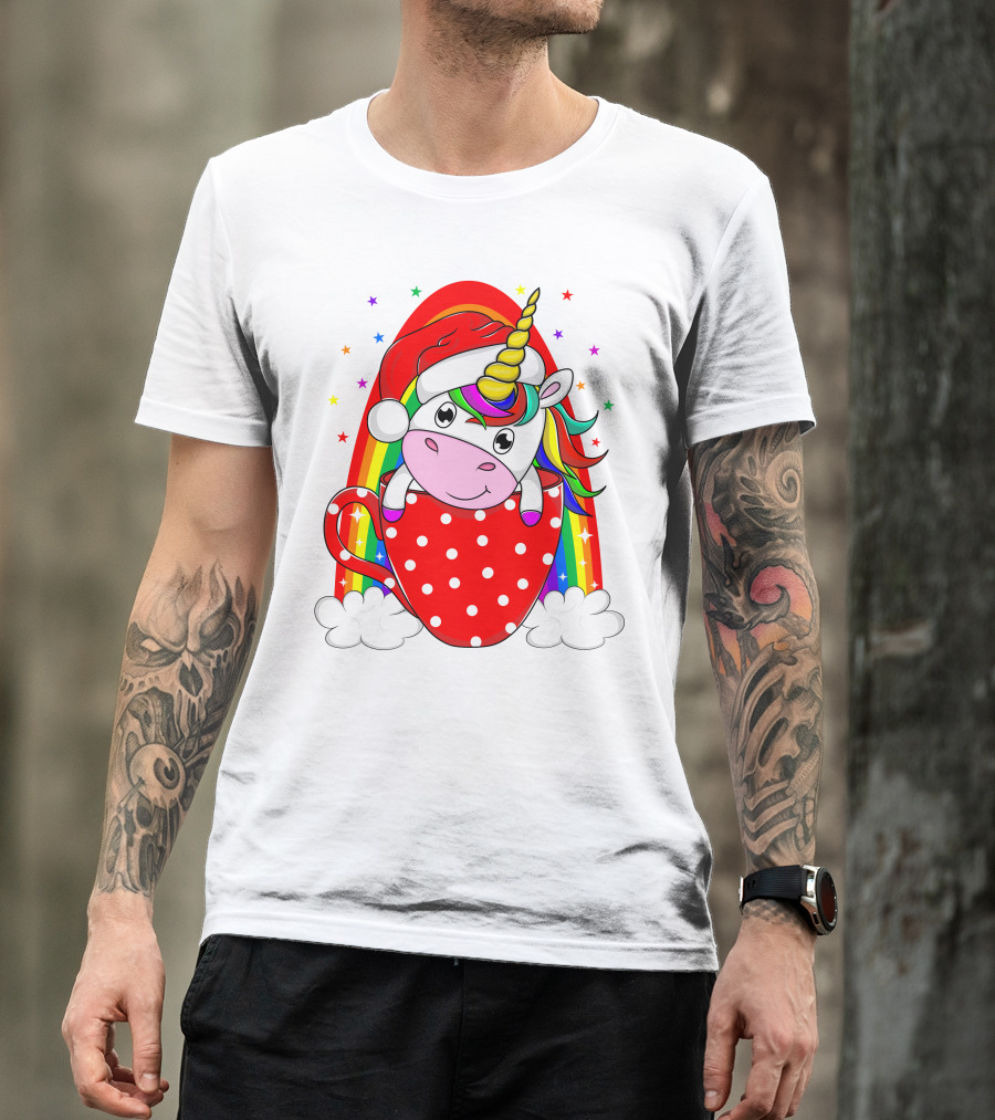 Unicorn In Santa Hat With Rainbow And Red Polka Dot Cup T-Shirt