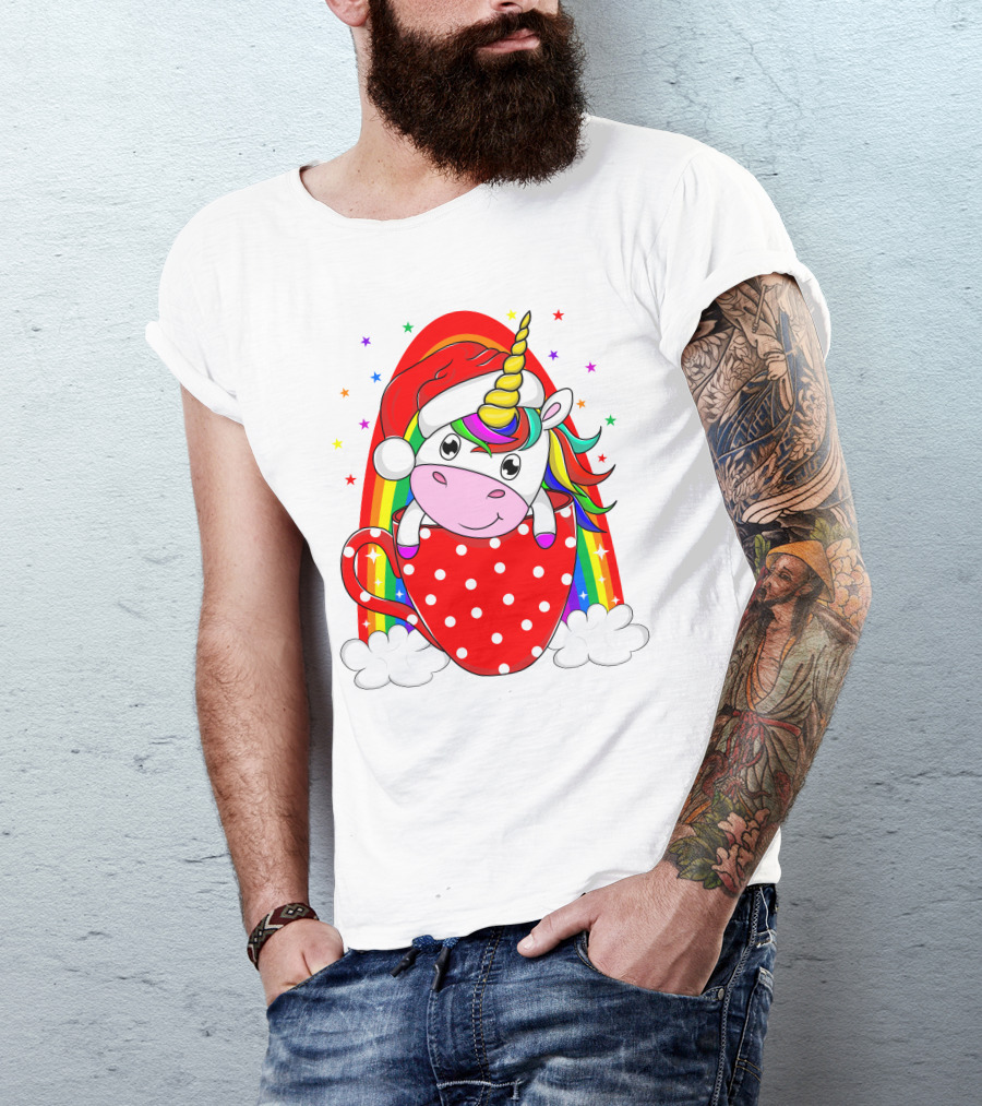 Unicorn In Santa Hat With Rainbow And Red Polka Dot Cup T-Shirt