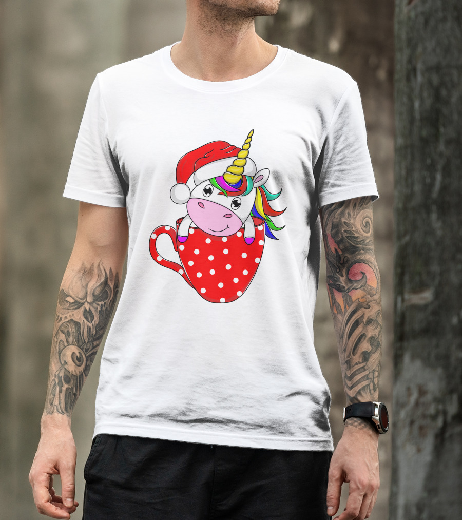Santa Hat Unicorn In Polka Dot Red Cup T-Shirt