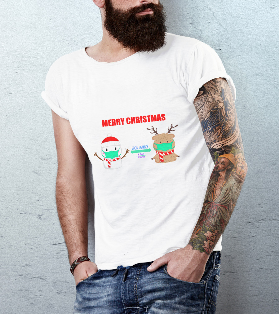 Merry Christmas Social Distance Snowman And Deer With Masks 6 Feet 2 Meters T-Shirt