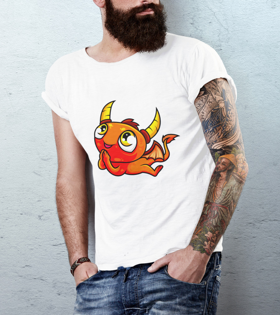 Orange Dragon Cute Cartoon Character With Horns And Wings T-Shirt