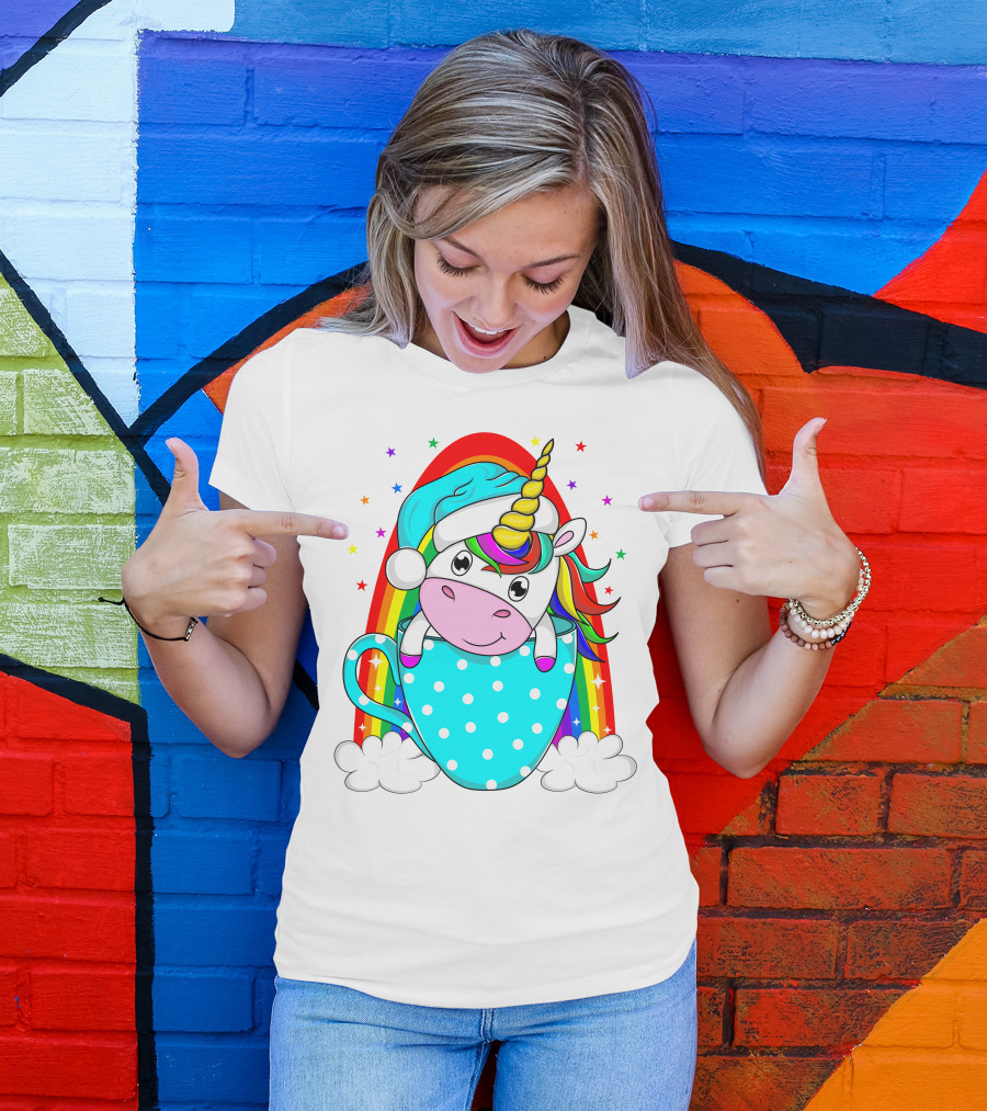 Unicorn In Polka Dot Blue Cup With Rainbow And Stars T-Shirt