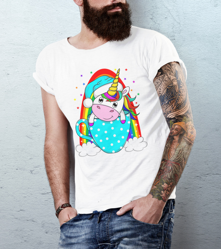 Unicorn In Polka Dot Blue Cup With Rainbow And Stars T-Shirt
