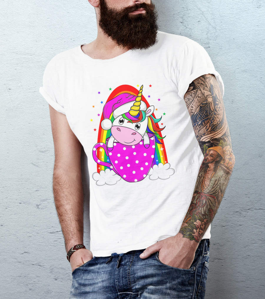 Unicorn Rainbow Santa In Pink Polka Dot Cup T-Shirt