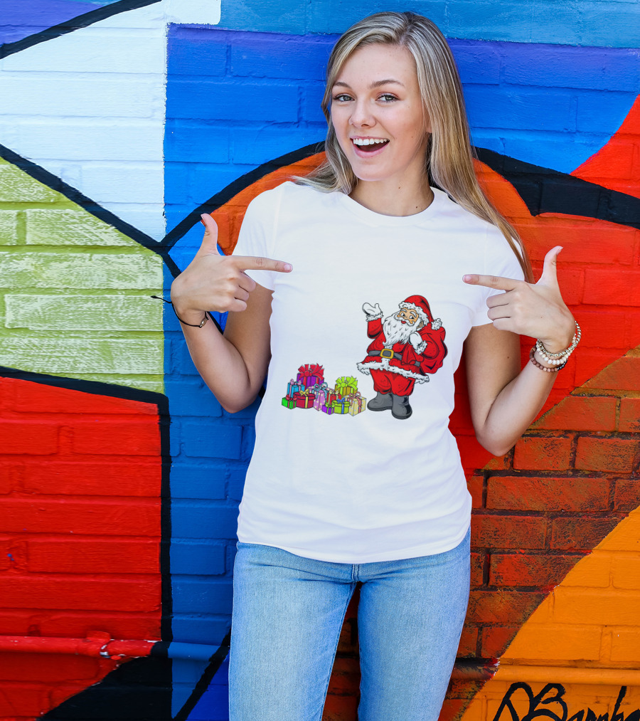 Santa Claus Joyfully Delivering Colorful Presents T-Shirt