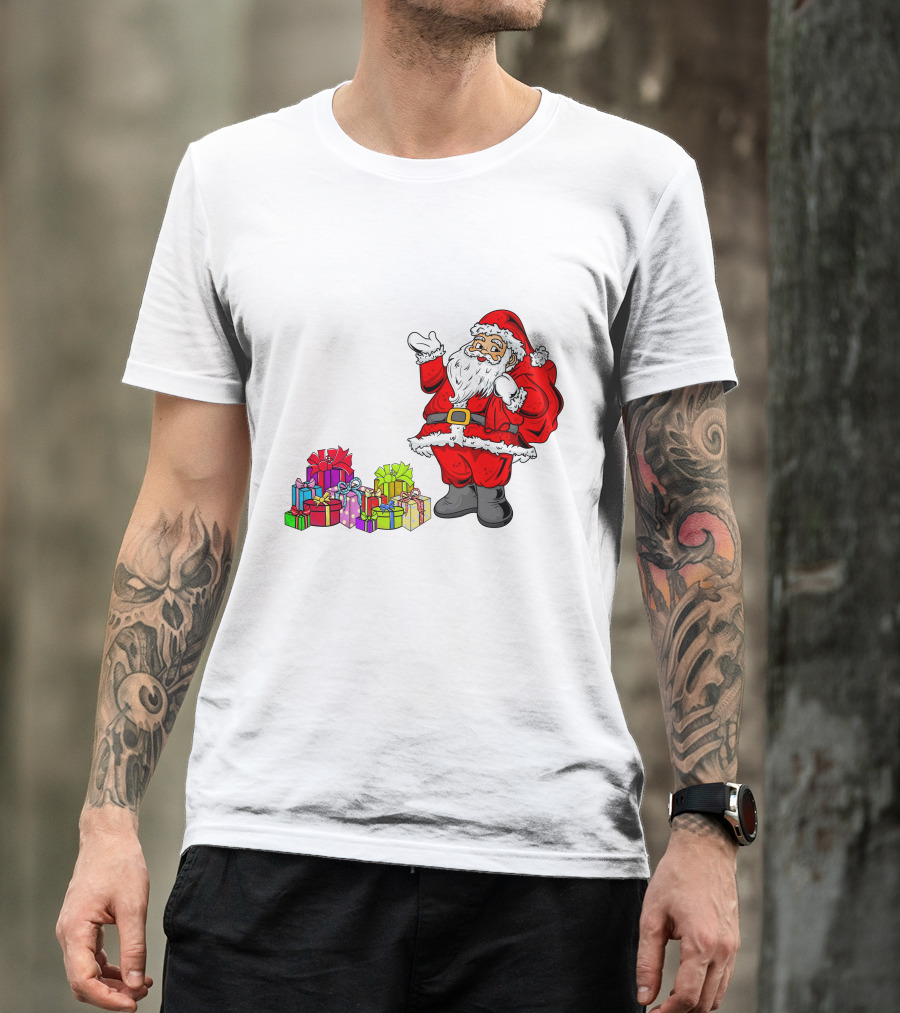 Santa Claus Joyfully Delivering Colorful Presents T-Shirt