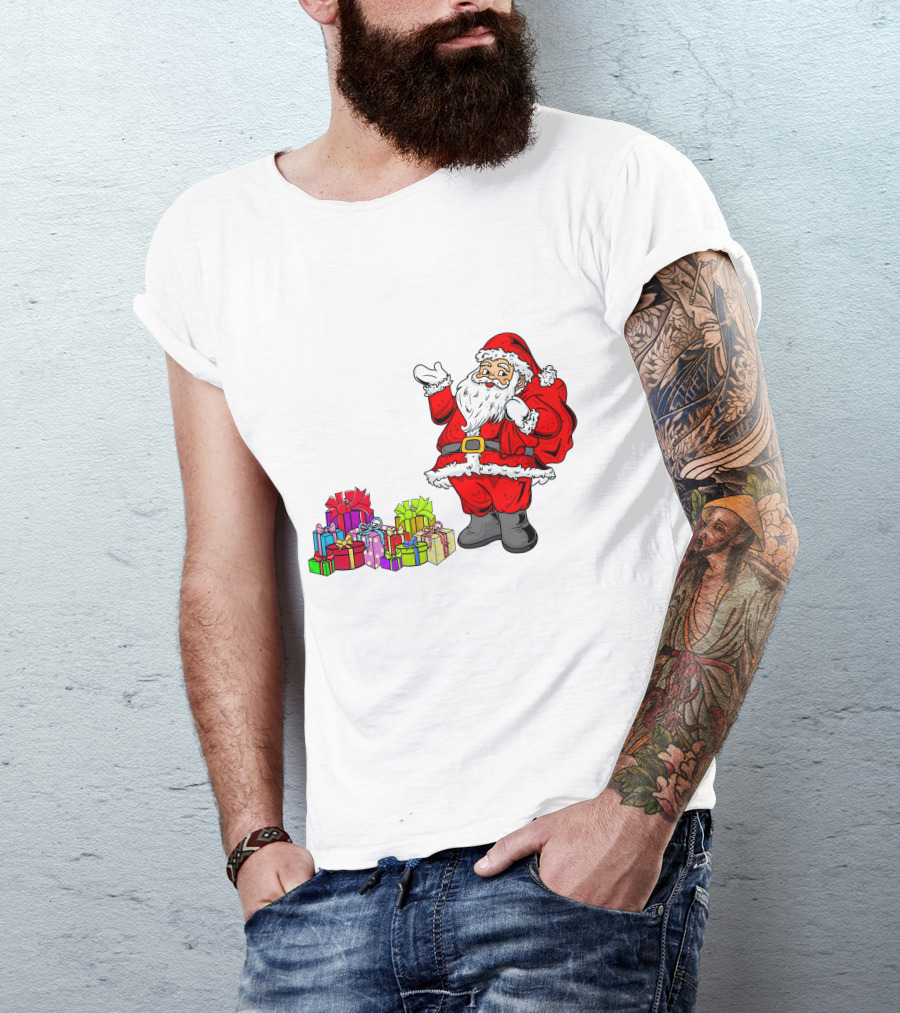 Santa Claus Joyfully Delivering Colorful Presents T-Shirt