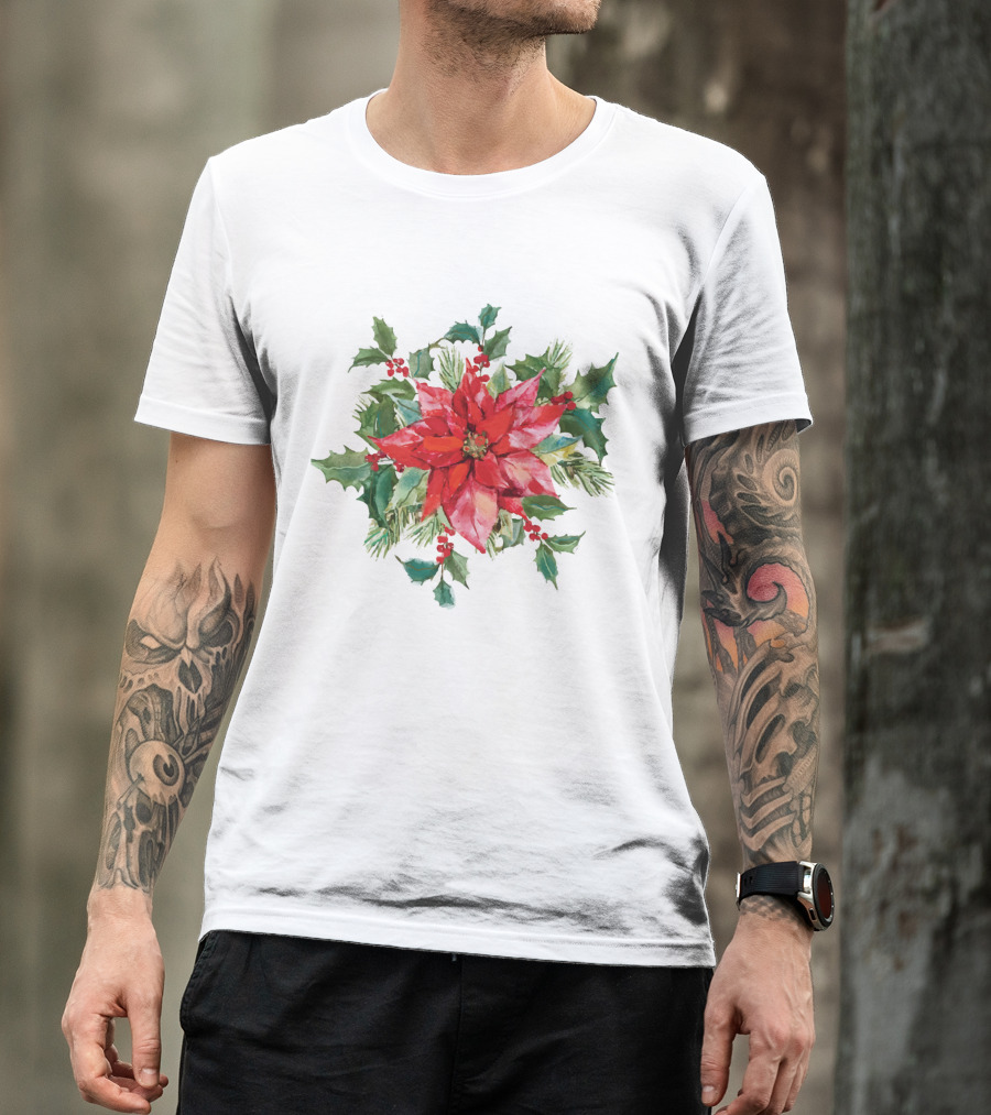 Watercolor Christmas Poinsettia With Holly Leaves And Berries T-Shirt