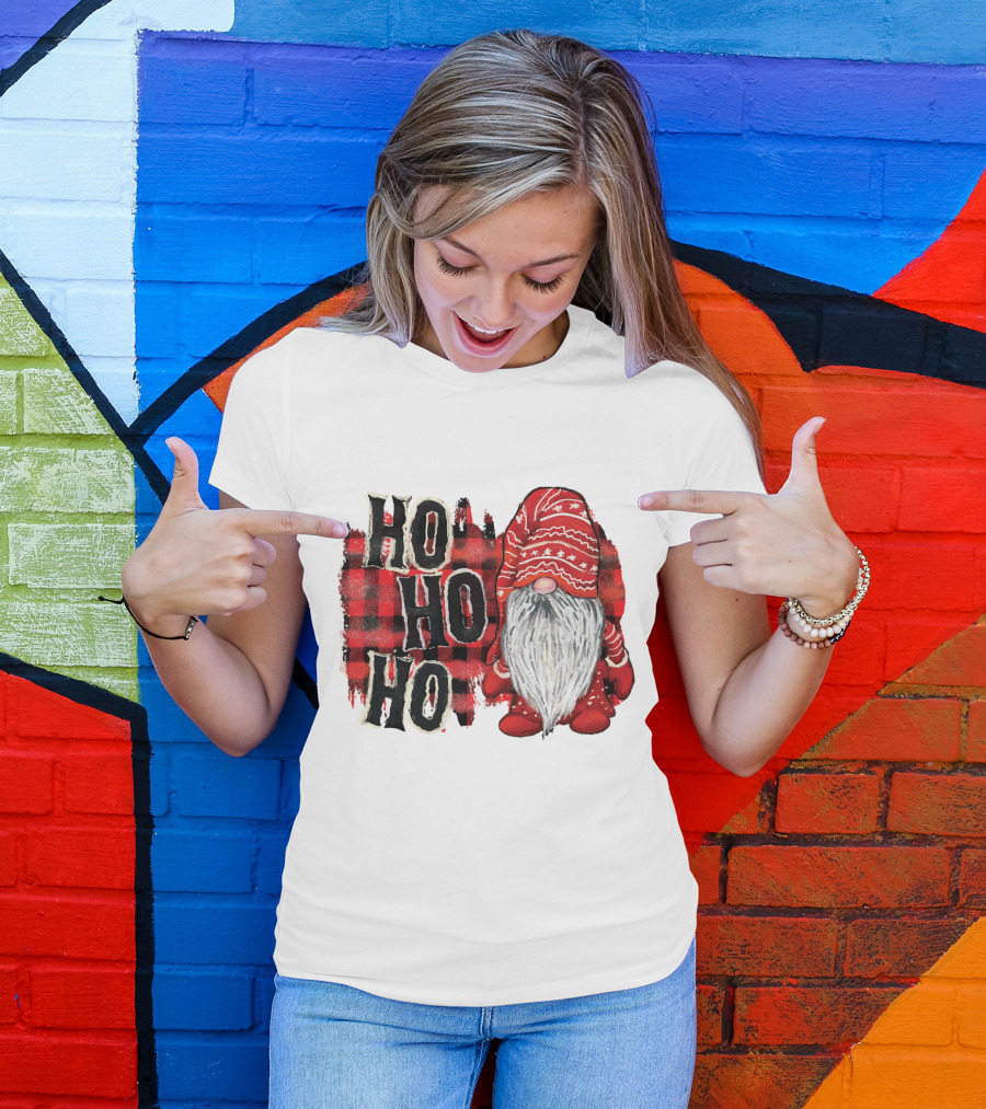 Watercolor Plaid Christmas Gnome Ho Ho Ho Red Holiday T-Shirt