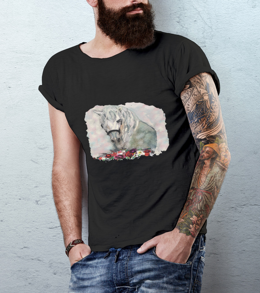 Watercolor White Horse With Floral Accents T-Shirt