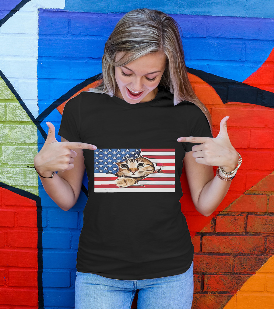 Cat Peeking Through American Flag T-Shirt