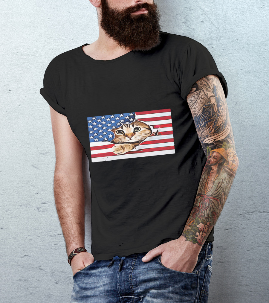 Cat Peeking Through American Flag T-Shirt