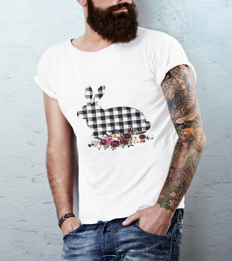 Bunny Black White Plaid Floral Roses T-Shirt