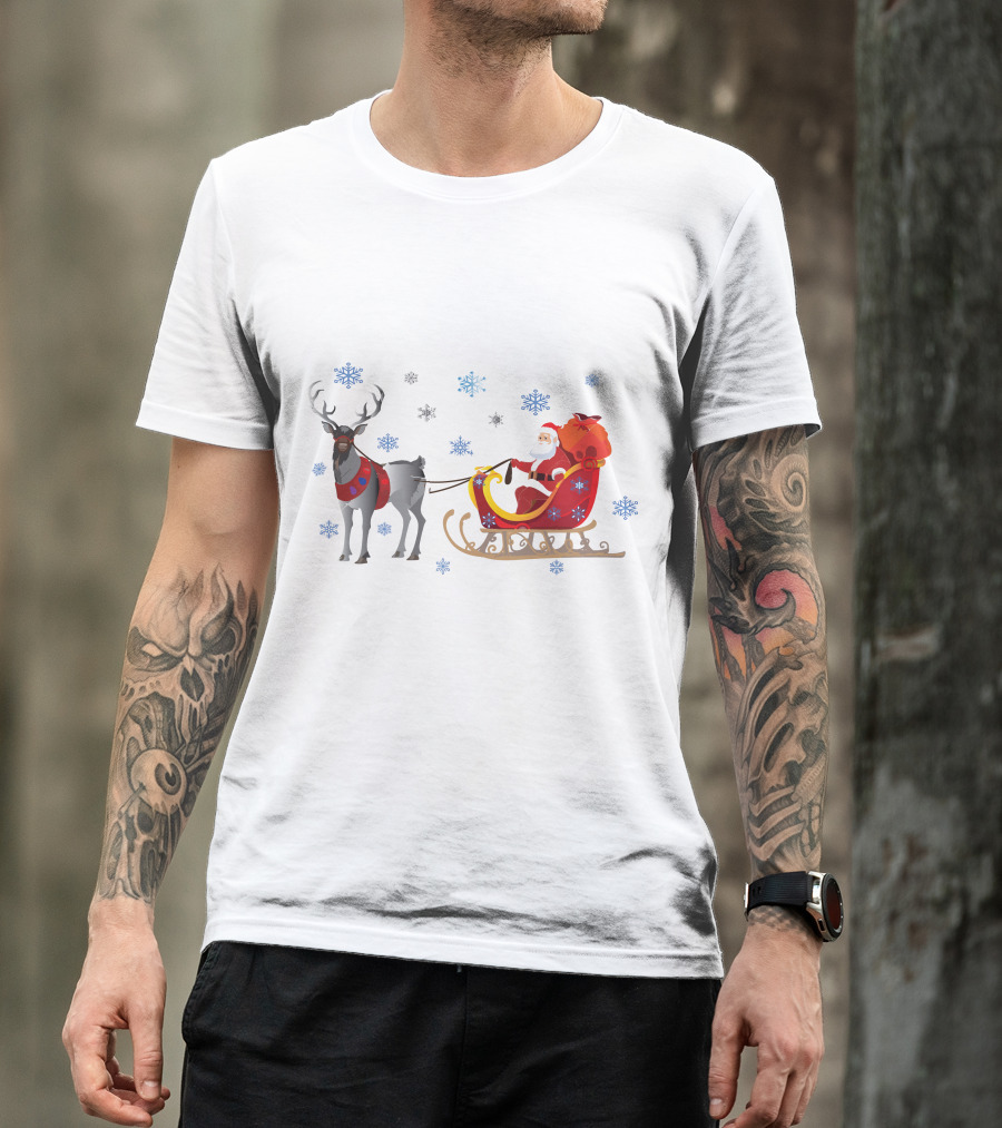 Christmas Santa With Reindeer And Sleigh Surrounded By Snowflakes T-Shirt
