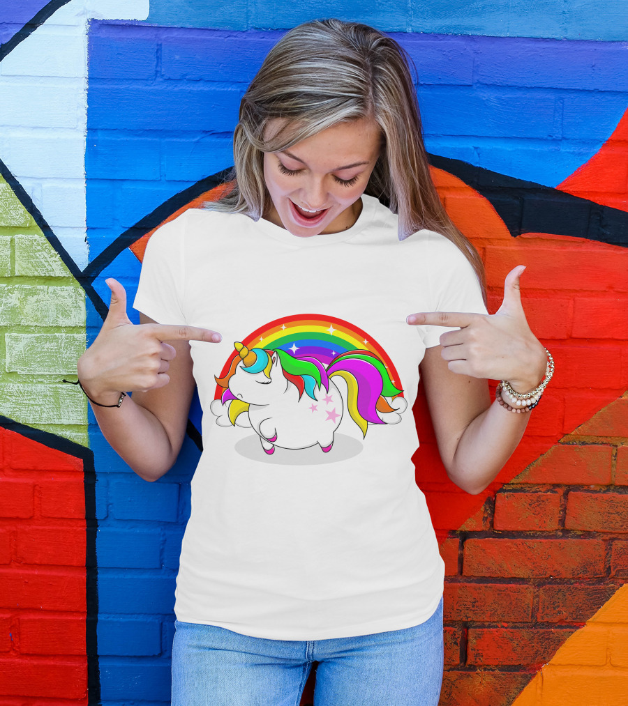 Cute Fat Unicorn With Rainbow Mane And Stars T-Shirt